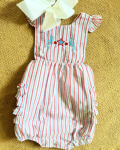 Red White and Blue Seersucker Ruffle Sunsuit